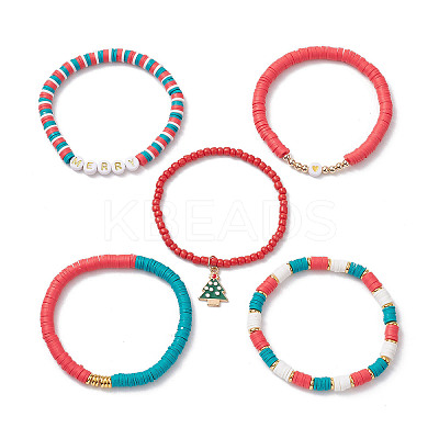 5Pcs 5 Styles Christmas Handmade Polymer Clay Beaded Stretch Bracelets Sets BJEW-TA00489-1