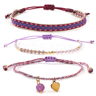 3Pcs 3 Styles Bohemian Adjustable Nylon Cord Braided Bracelet & Glass Beads Braided Bracelet & 304 Stainless Steel Heart Charm Bracelet Set for Women GE8132-1-1