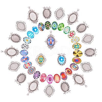 Tibetan Style Alloy Pendant Cabochon Settings and Mosaic Printed Glass Oval Cabochons TIBEP-PH0004-34AS-1