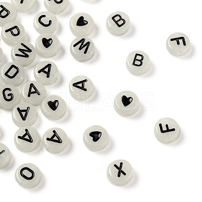27 Style Flat Round with Black Letter & Heart Acrylic Luminous Beads SACR-YW0001-37-1