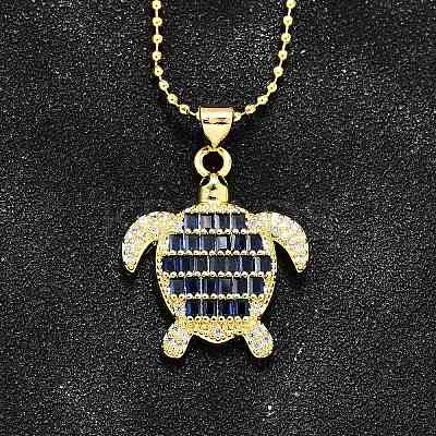 Summer Beach Brass Pave Cubic Zirconia Turtle Pendant Necklaces for Women NJEW-U039-02G-01-1
