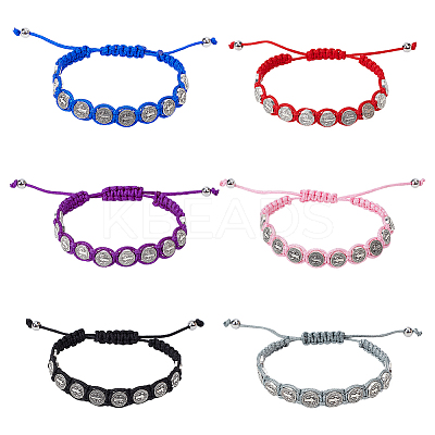 6Pcs 6 Colors Saint Benedict Medal Alloy Braided Bead Bracelets Set BJEW-AN0001-70-1