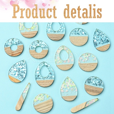 16Pcs 8 Styles Transparent Resin & White Wood Pendants RESI-FS0001-82-1