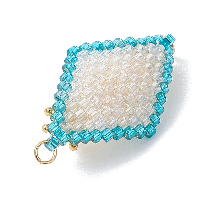 Imitation Pearl & Glass Seed Beaded Floral Rhombus Links Connector Charms PALLOY-MZ01182-1