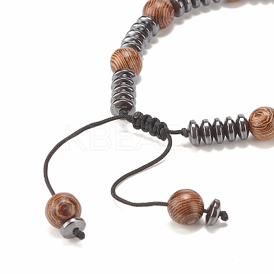 Natural Wenge Wood & Synthetic Hematite Braided Bead Bracelet BJEW-JB07933-1