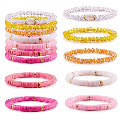 7Pcs 7 Style Handmade Polymer Clay Heishi Surfer Stretch Bracelets Set BJEW-SW00073-01-1