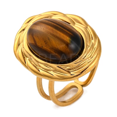 Oval Natural Tiger Eye Finger Rings RJEW-Q822-06G-1
