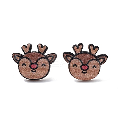 Christmas Printed Wooden Stud Earrings EJEW-D046-06-1