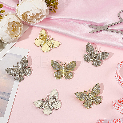 6Pcs 2 Colors Butterfly Alloy Rhinestone Lapel Pins for Backpack Clothes JEWB-OC0001-07-1
