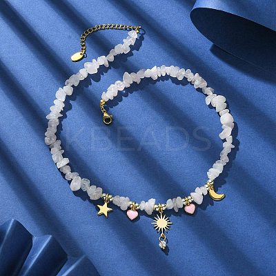 Alloy Enamel & 304 Stainless Steel & Brass Bib Necklace with Natural Rose Quartz Chip Beaded Chains NJEW-JN04434-1