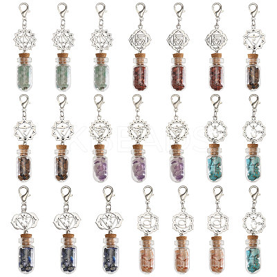 7 Chakra Natural Red Aventurine & Red Jasper & Green Aventurine & Tiger Eye & Synthetic Turquoise & Amethyst & Lapis Lazuli Chips inside Glass Wishing Bottle Pendant Decorations HJEW-FH00148-1