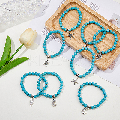 8Pcs 8 Style Synthetic Turquoise Round Beaded Stretch Bracelets Set with Alloy Charms BJEW-FI0001-83-1