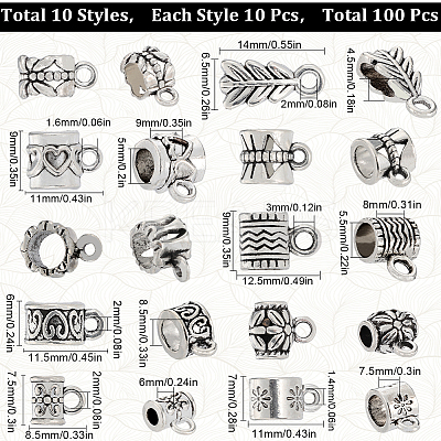100Pcs 10 Style Tibetan Style Alloy Tube Bails FIND-SC0008-44-1