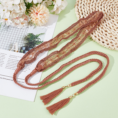 1Pc Cotton and Linen Flower Lace Tassel Waist Belly Belts AJEW-GF0012-32B-1