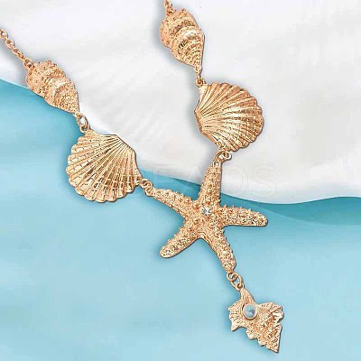 Summer Beach Alloy Crystal Rhinestone Shell Shape Starfish Pendant Necklaces for Women FS-WGE00B6-01-1