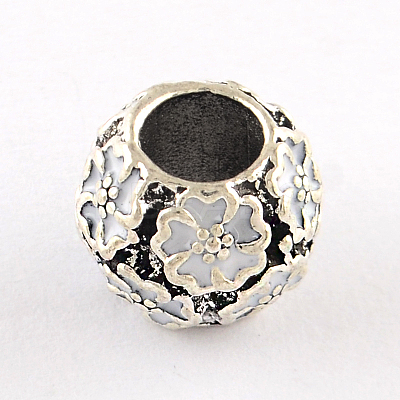 Antique Silver Plated Hollow Flower Pattern Rondelle Tibetan Style Alloy Enamel European Beads ENAM-Q421-10H-1
