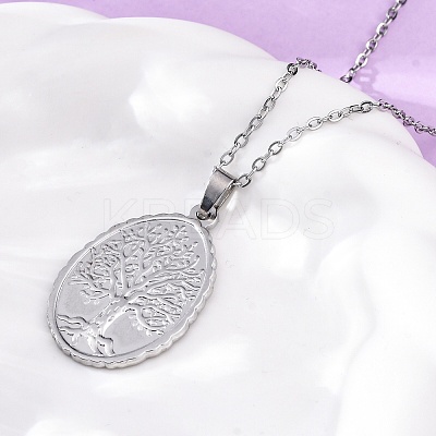 Oval Tree of Life 304 Stainless Steel Pendant Necklaces NJEW-M096-10P-1