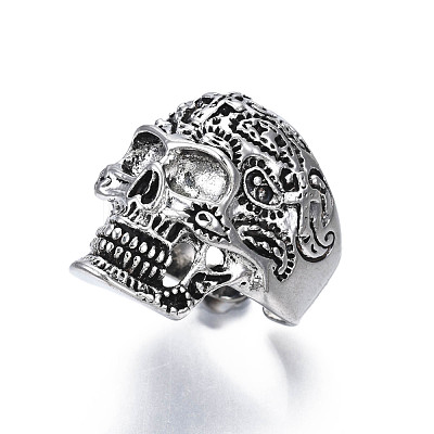 Gothic Punk Skull Alloy Open Cuff Ring for Men Women RJEW-T009-62AS-1