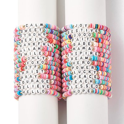 30Pcs 30 Style Polymer Clay Heishi Beaded Stretch Bracelets Set with Inspiration Word BJEW-JB07593-1