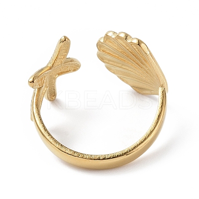 Ion Plating(IP) 304 Stainless Steel Shell with Starfish Open Cuff Ring for Women RJEW-C046-03G-1