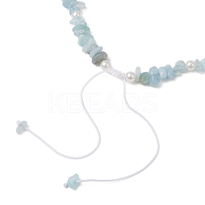 Natural Aquamarine Chip & Imitaton Round Pearl Beaded Adjustable Necklaces NJEW-JN05227-05-1