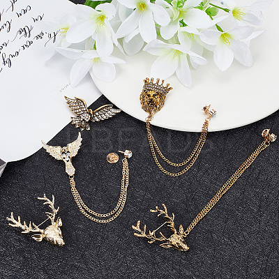 6Pcs 6 Style Lion & Eagle & Deer Rhinestone Safety Pin Brooches JEWB-WR0001-01-1