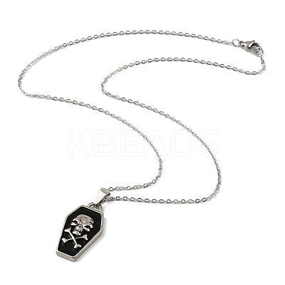 Halloween Theme 304 Stainless Steel Black Enamel Coffin with Skull Pendant Necklaces for Men LS-NJEW-Z090-01P-1