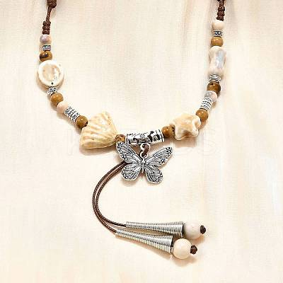 Ethnic Style Alloy & Porcelain Ceramic Beads Butterfly Pendant Tassel Y Necklaces LS-NJEW-D308-01D-1
