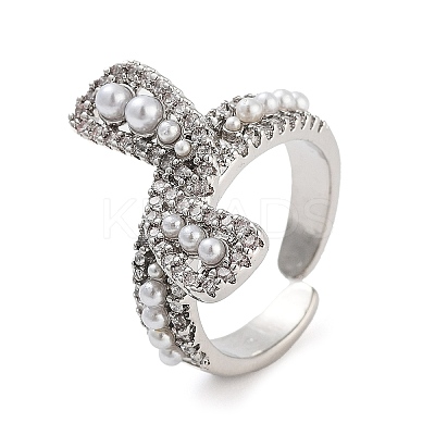 Rack Plating Brass Micro Pave Cubic Zirconia Bowknot Open Cuff Rings for Women RJEW-C080-04P-1