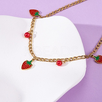 304 Stainless Steel Red Enamel Strawberry Pendant Necklaces for Women NJEW-F346-05G-1