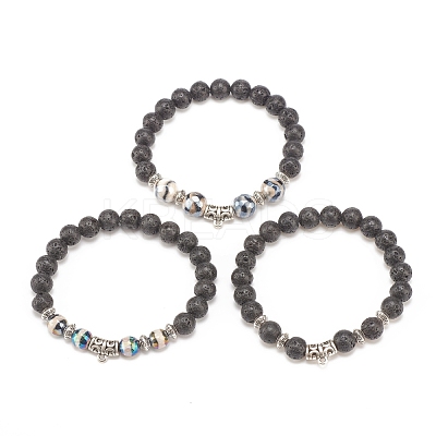 3Pcs 3 Style Natural Lava Rock & Tibetan Agate Stretch Bracelet with Alloy Tube Beaded BJEW-JB08322-1