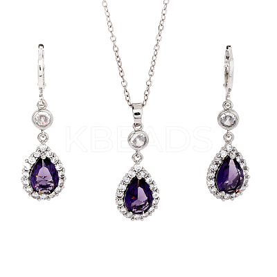 Brass Micro Pave Clear Cubic Zirconia & Glass Teardrop Pendant Necklaces & Earrings Sets for Women RT7280-1