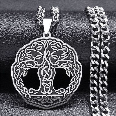 201 Stainless Steel Enamel Tree of Life Trinity Knot Pendant Necklaces NJEW-G115-09P-1