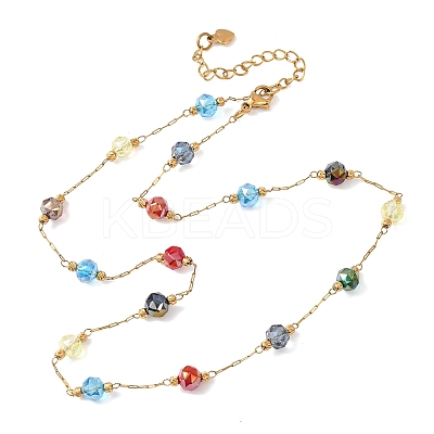 304 Stainless Steel with Faceted Round Glass Bead Cable Chain Necklaces for Women NJEW-G190-02G-1