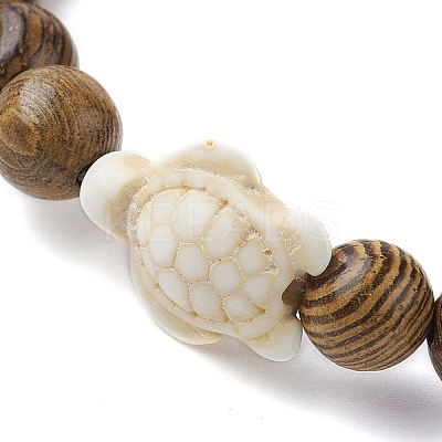 Natural Wood Round & Synthetic Turquoise Turtle Beaded Stretch Bracelet for Women BJEW-JB09700-06-1