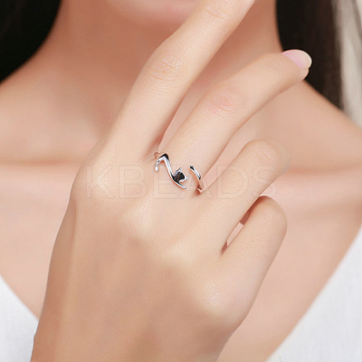Anti-Tarnish Rhodium Plated 925 Sterling Silver Cuff Finger Rings RJEW-FF0009-01P-1