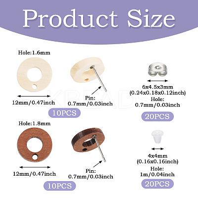 20Pcs 2 Styles Donut Shape Natural Ash Wood Stud Earring Findings EJEW-TA0001-35-1