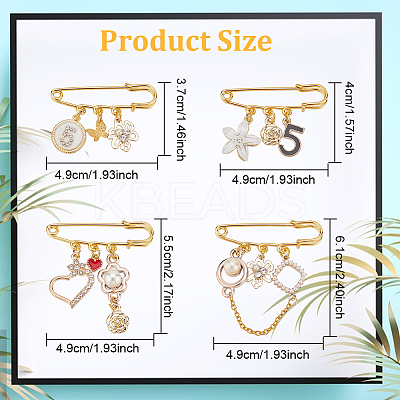 4Pcs 4 Style Flower & Heart & Number 5 Enamel Charms Safety Pin Brooches JEWB-BC0001-09-1