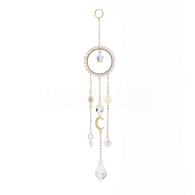 Natural Rose Quartz Woven Net/Web with Feather Window Hanging Suncatchers HJEW-JM00852-01-1