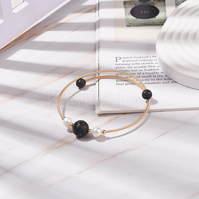 Natural Lava Rock & Pearl Round Beaded Bangle BJEW-JB08464-01-1