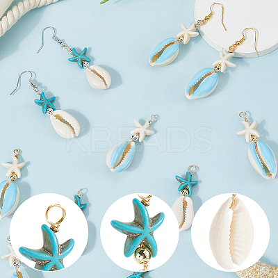40Pcs 4 Colors Cowrie Shell & Dyed Synthetic Turquoise Starfish Pendants PALLOY-SC0004-40-1