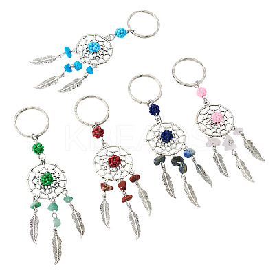 10Pcs 5 Styles Woven Web with Feather Alloy & Natural Mixed Stone & Glass Seed Keychains KEYC-TA0001-53-1