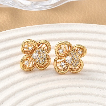 Brass Micro Pave Clear Cubic Zirconia Flower Stud Earrings EJEW-D337-09G-1