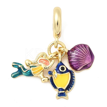 Brass Colorful Enamel Woman Fish Shell Shape European Dangle Charms KK-C137-20G-1