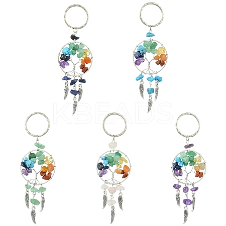 5Pcs 5 Styles Natural & Synthetic Gemstone Chips Tree of Life with Alloy Wings Pendant Keychain KEYC-FZ00022-1