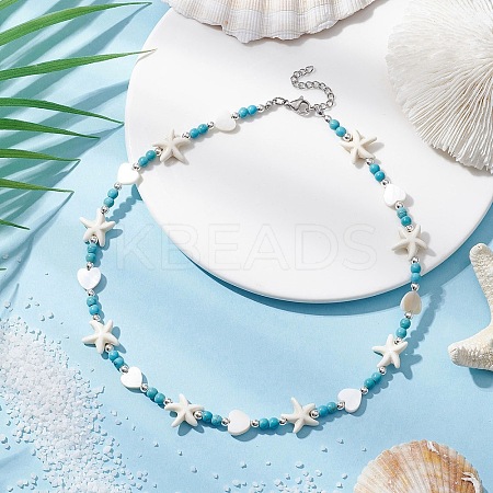 Summer Beach Round Synthetic Turquoise & Natural Freshwater Shell Heart Starfish Beaded Necklaces NJEW-JN05209-1