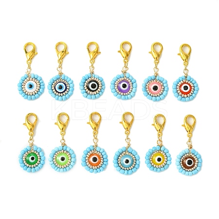 12Pcs 12 Colors Flat Round with Evil Eye Resin & Glass Seed Pendant Decorations HJEW-MZ00094-1