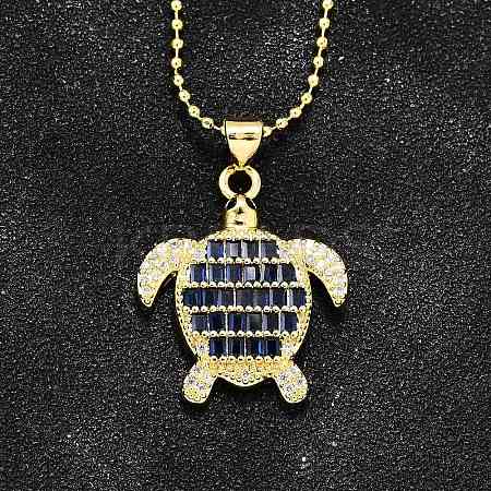 Summer Beach Brass Pave Cubic Zirconia Turtle Pendant Necklaces for Women NJEW-U039-02G-01-1