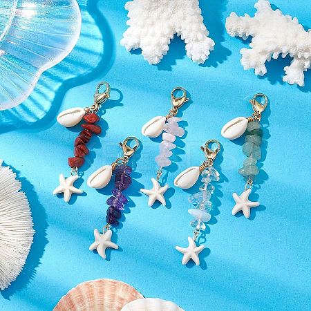 5Pcs Starfish Synthetic Turquoise & Natural Cowrie Shell Pendant Decoration HJEW-JM02150-S-1