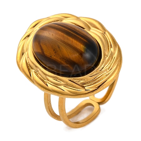 Oval Natural Tiger Eye Finger Rings RJEW-Q822-06G-1